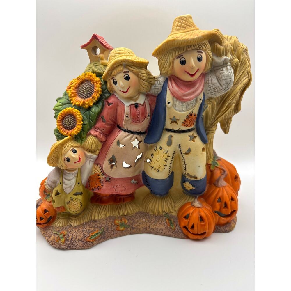 Vintage PartyLite Autumn Scarecrow Family Candle Lantern Fall Decor Collectible